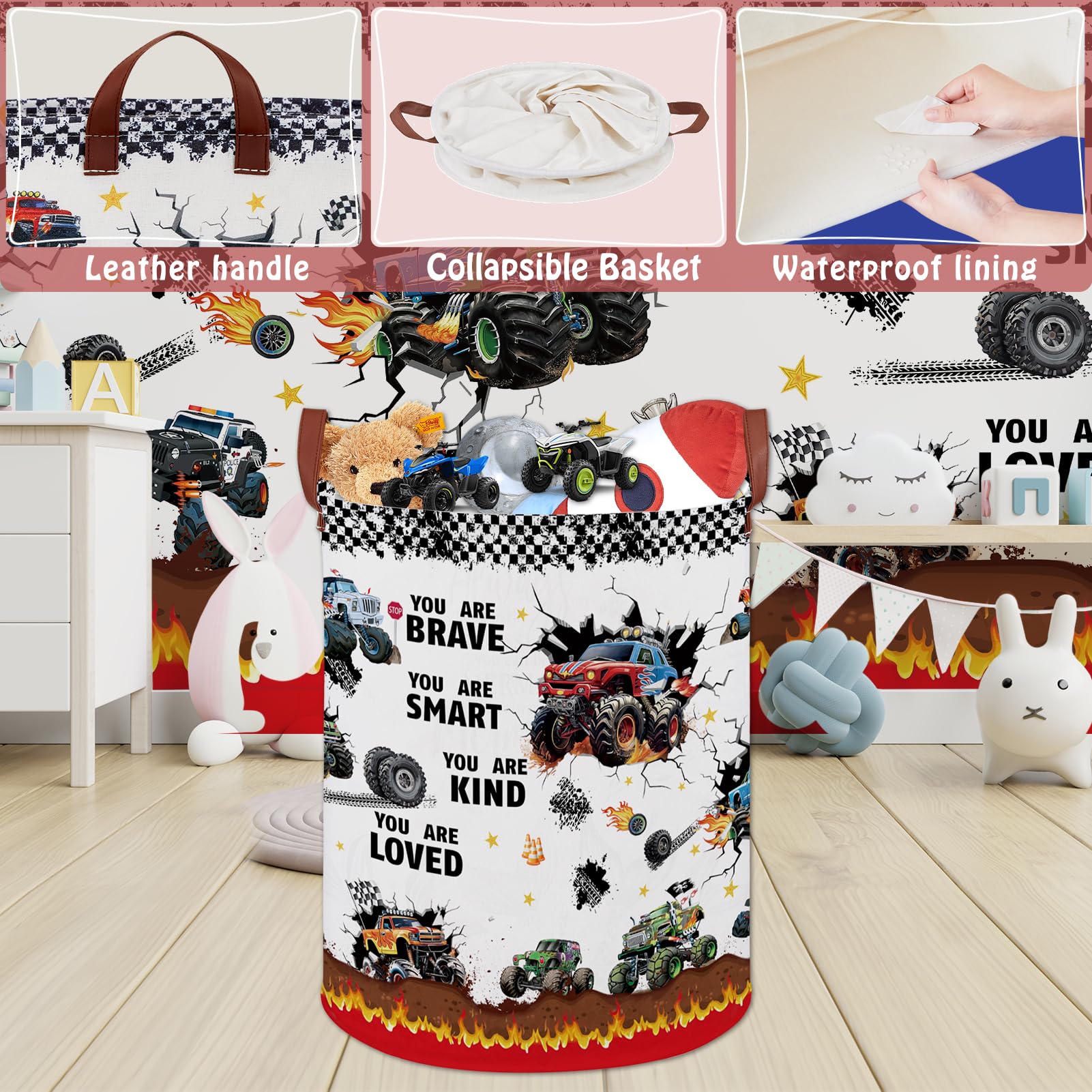 XHWZOF Monster Trucks bin in nursery for towels, books, and plush toys.