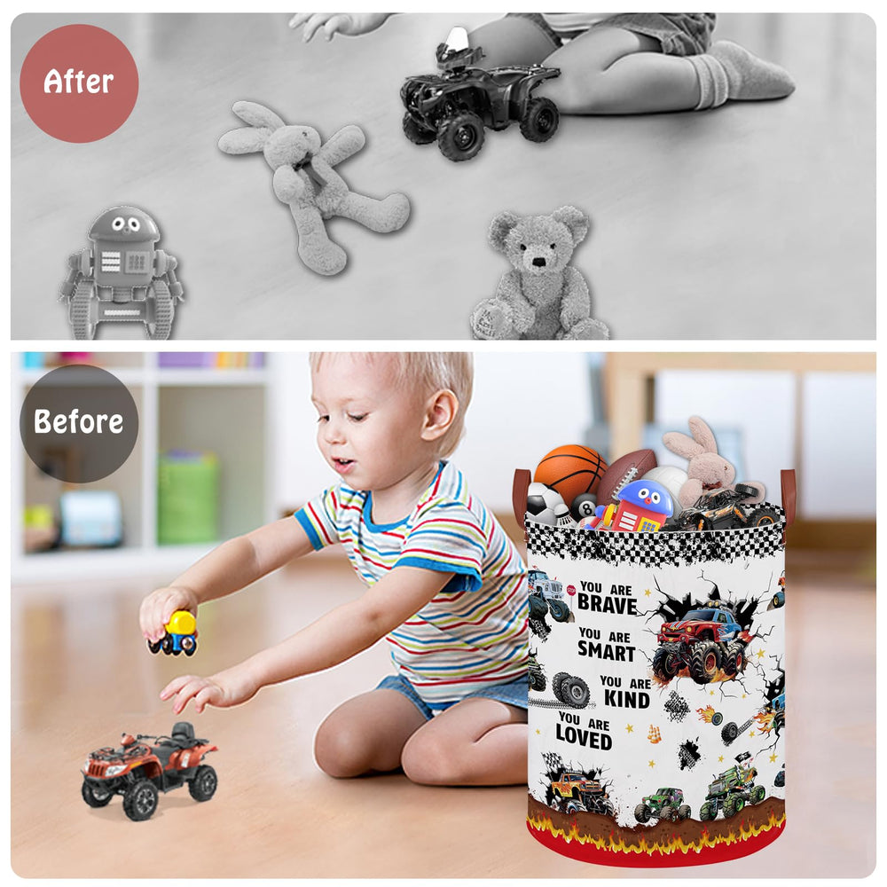 XHWZOF Monster Trucks hamper open-top with waterproof inner for easy laundry.