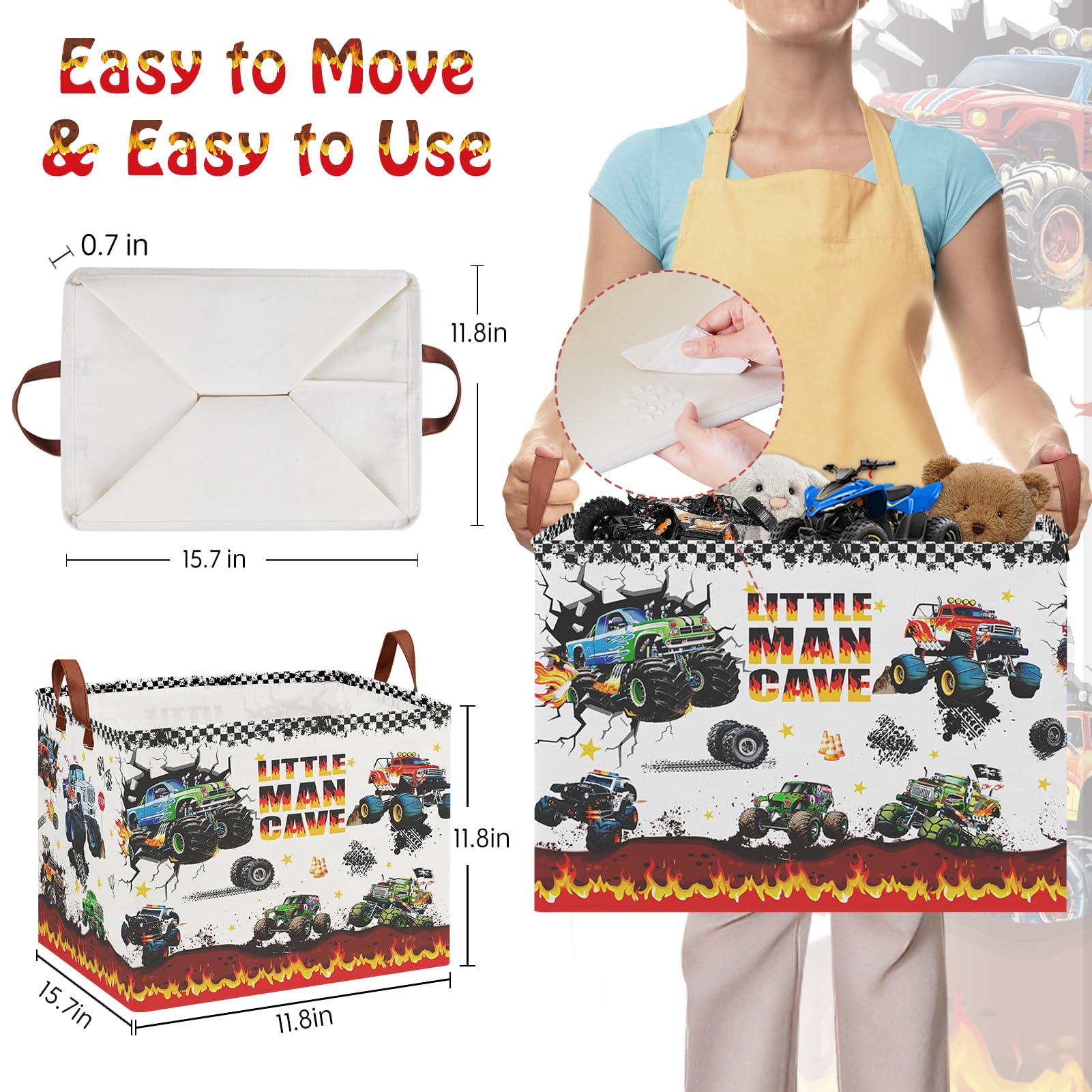 XHWZOF Monster Trucks storage basket close-up shows collapsible design for space-saving storage.