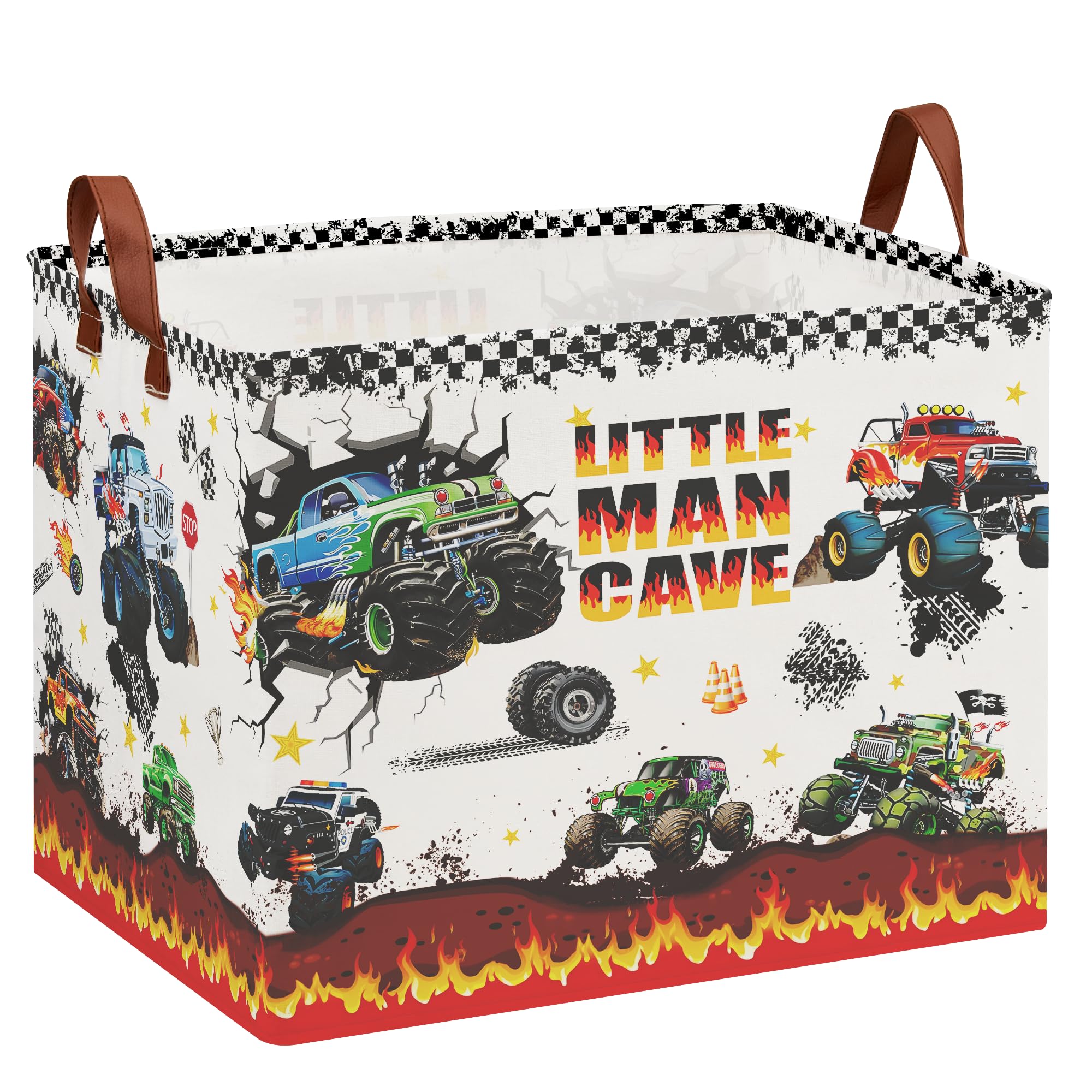 XHWZOF Monster Trucks storage basket front view, ideal for toy organization in kids rooms.