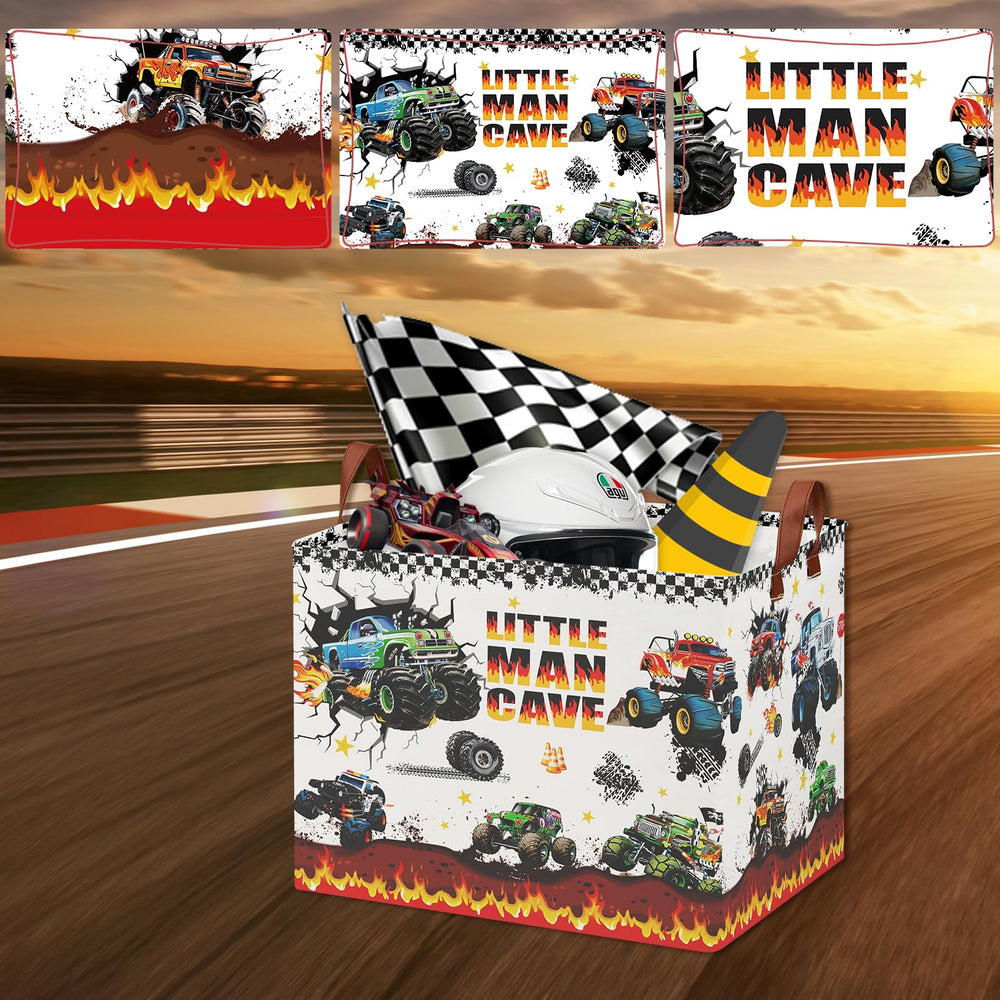 XHWZOF Monster Trucks storage basket in kids rooms used for plush toys and books.