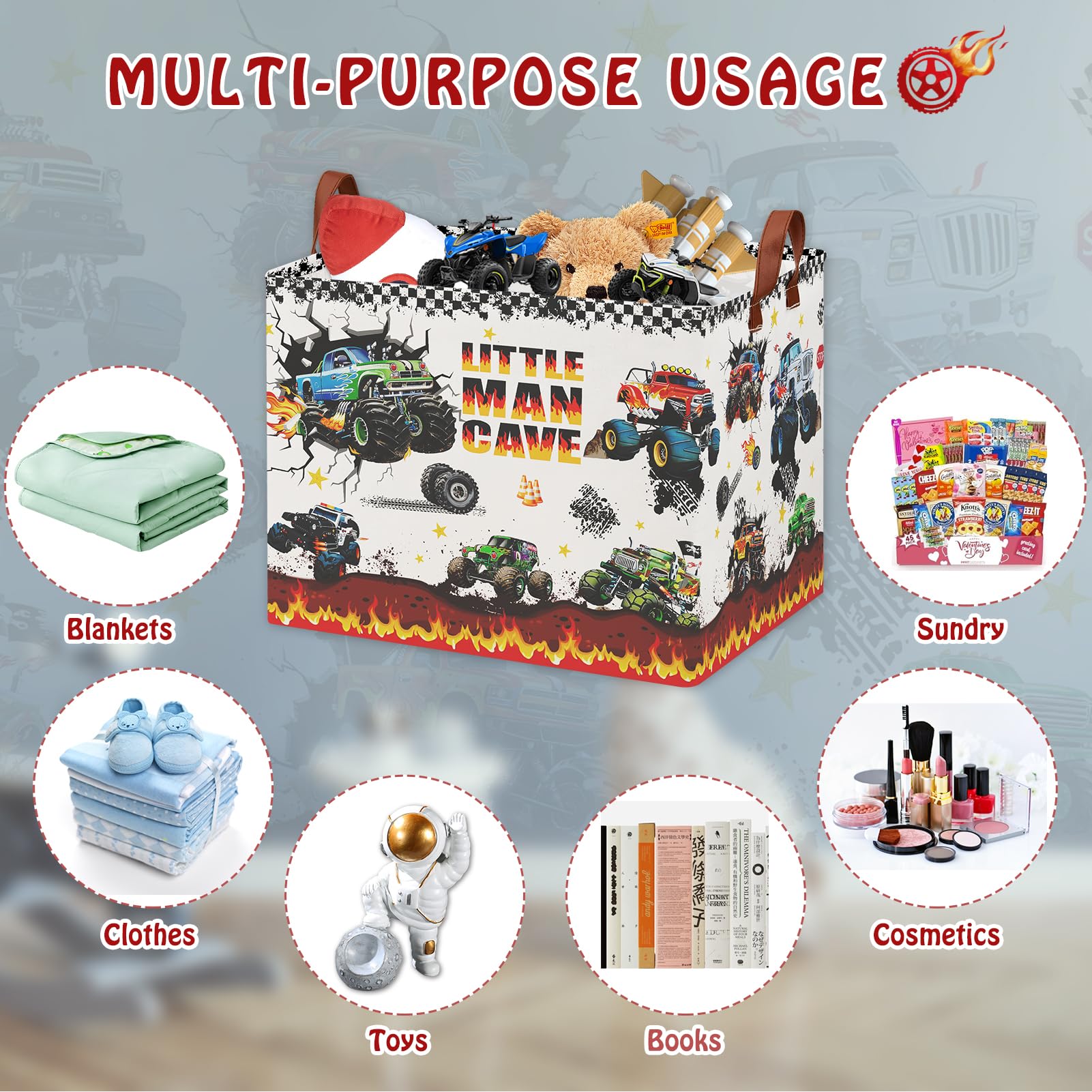 XHWZOF Monster Trucks storage basket material detail highlighting cotton linen fabric with waterproof coating.
