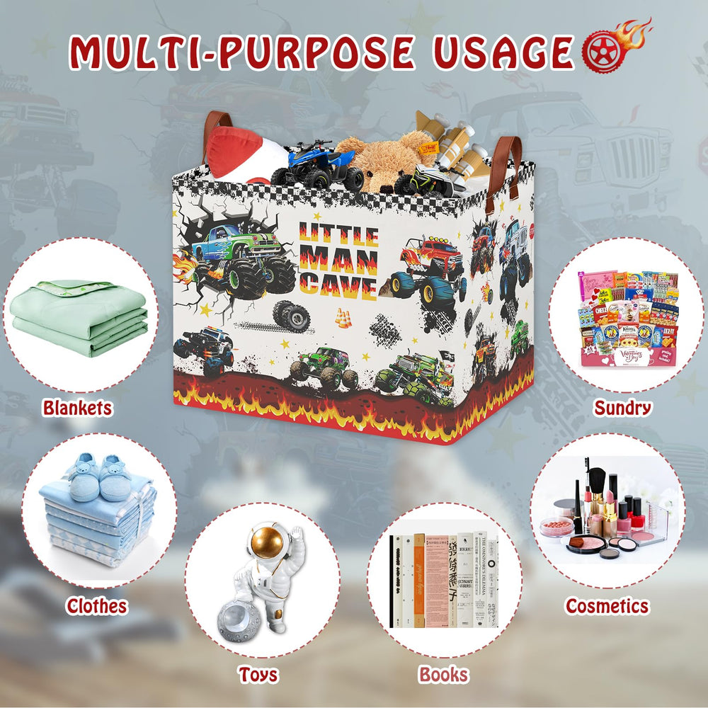 XHWZOF Monster Trucks storage basket material detail highlighting cotton linen fabric with waterproof coating.
