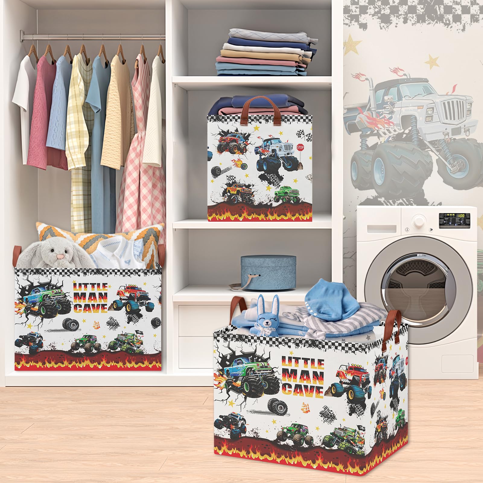 XHWZOF Monster Trucks storage basket open, ready to hold clothing and stuffed animals.