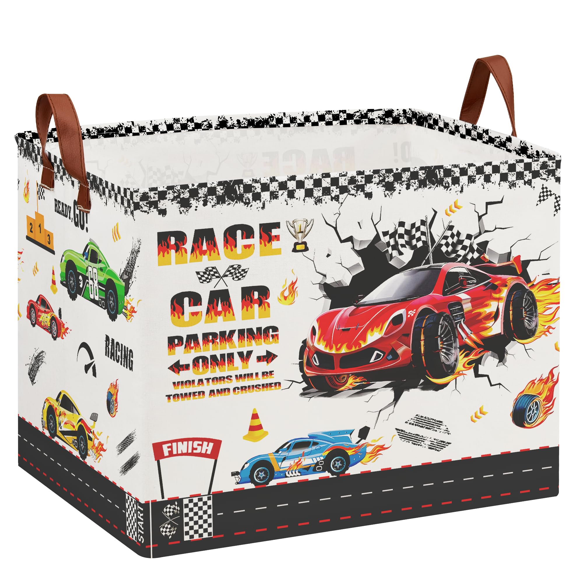 XHWZOF Race Car Storage Basket front view with parking sign for quick toy cleanup