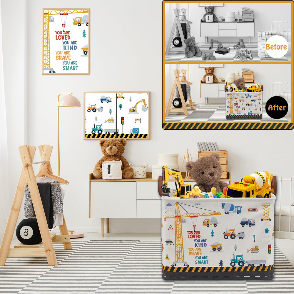 XHWZOF transport trucks and excavators organize busy playrooms.