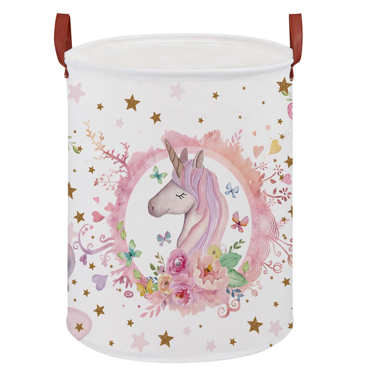 XHWZOF Unicorn Hamper pink close-up shows whimsical unicorn motifs for kid-friendly organization
