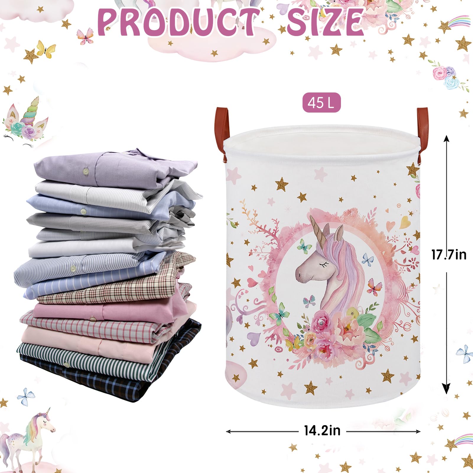 XHWZOF Unicorn Hamper pink front view demonstrates spacious 45L capacity for toys and outfits