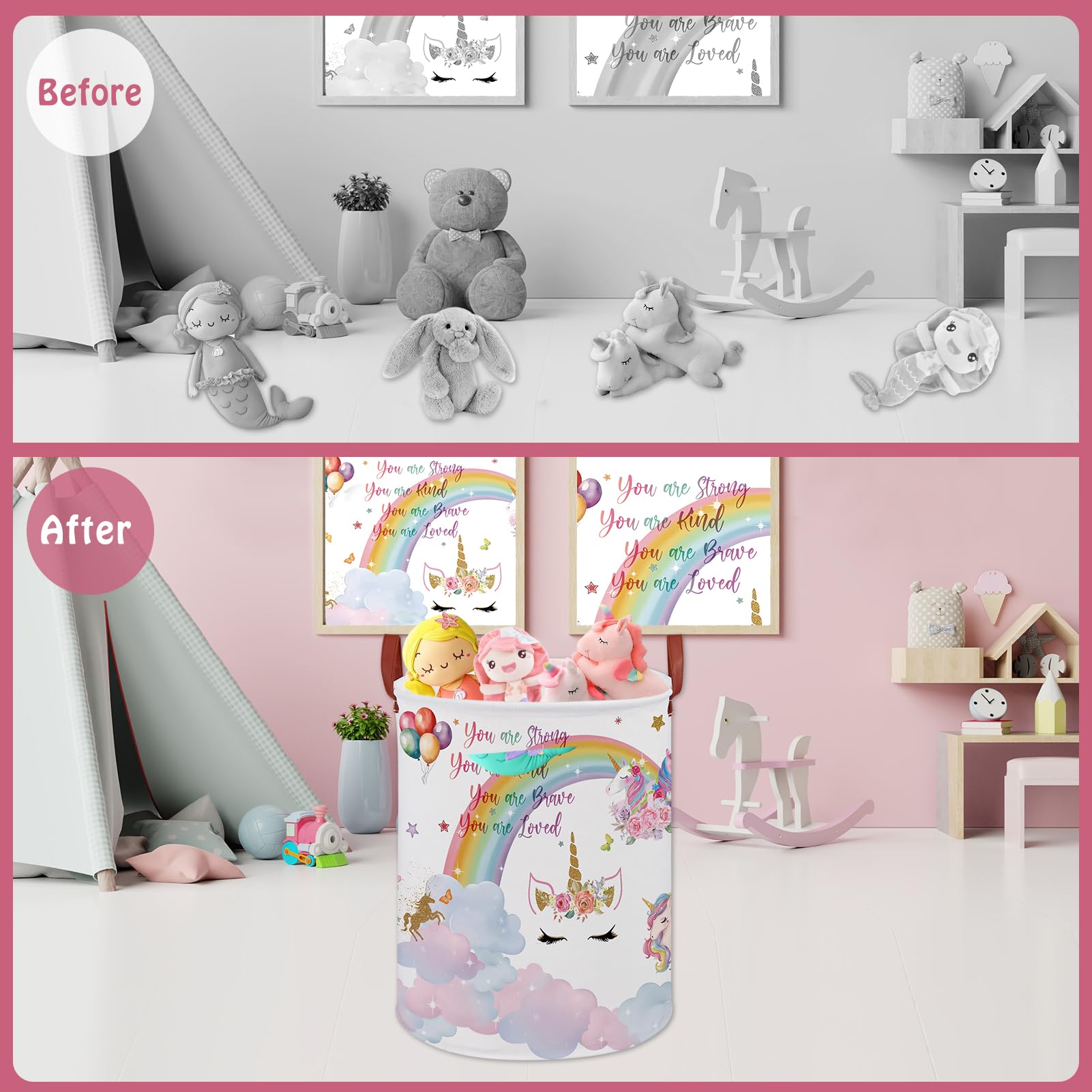 XHWZOF unicorn room decor laundry basket leather handle for easy carrying.