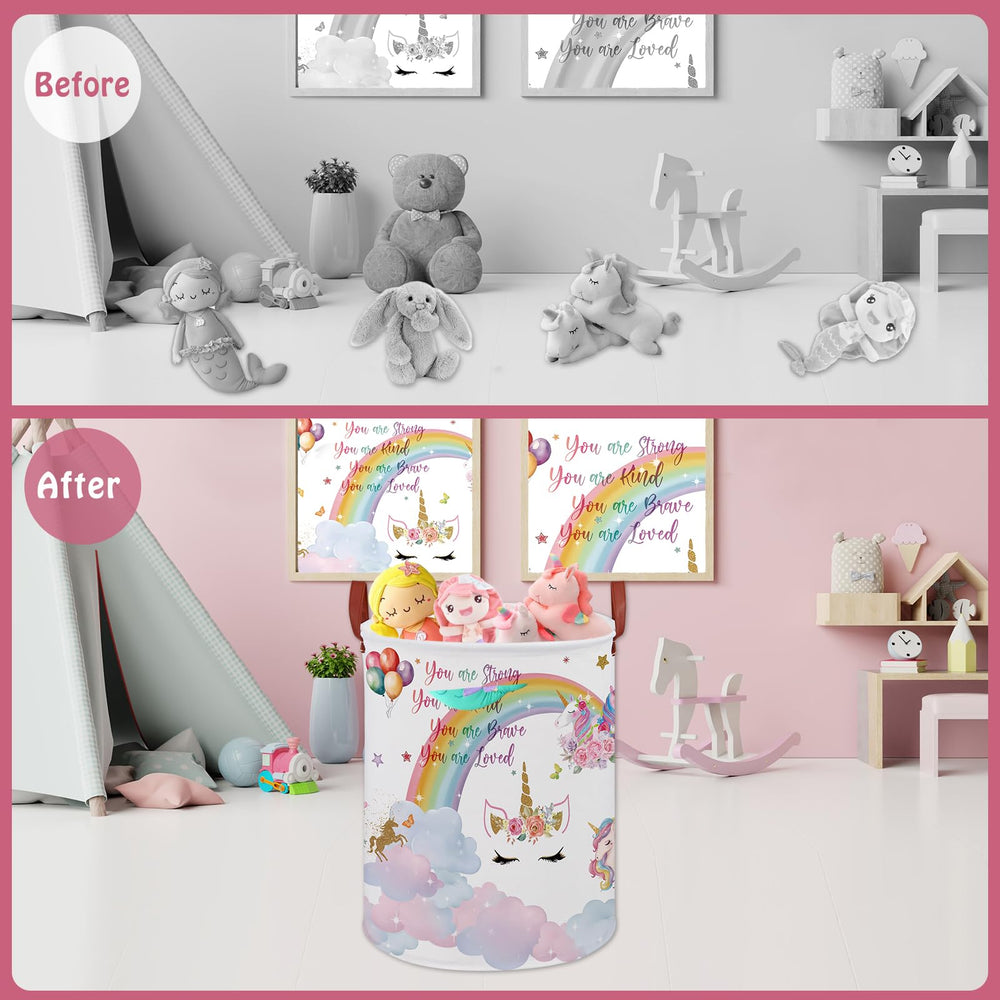 XHWZOF unicorn room decor laundry basket leather handle for easy carrying.