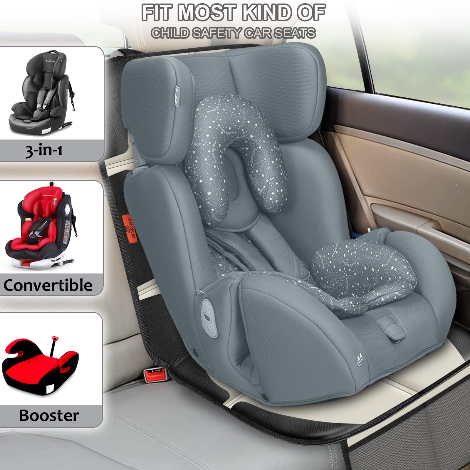 XHYANG car seat protector adjustable straps prevent shifting for a snug fit.