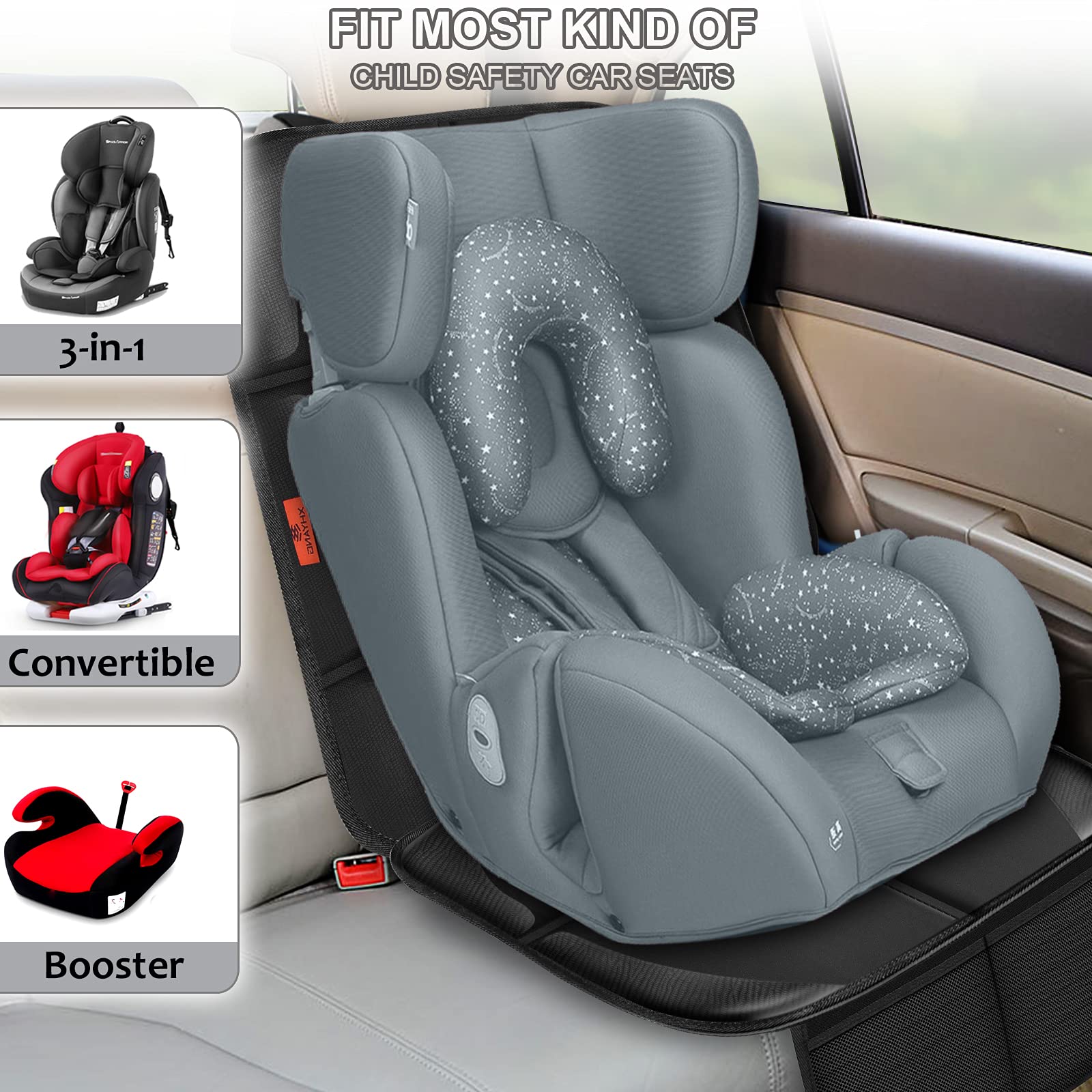 XHYANG car seat protector adjustable straps securely fasten to the headrest
