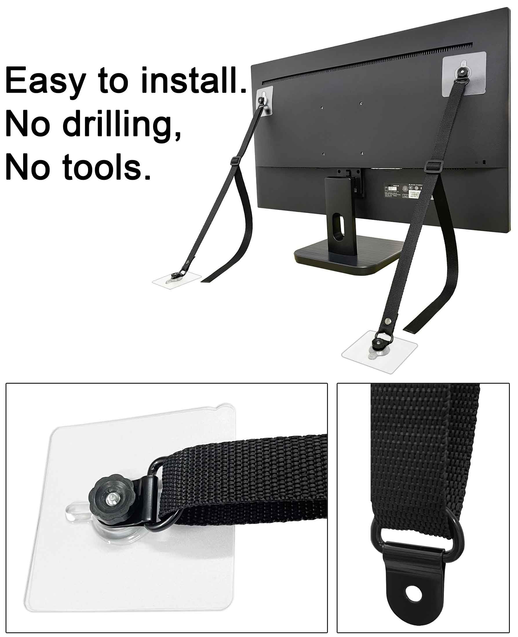 Xicveiuz adhesive-to-wall straps applied to furniture edge with wall anchor plates.
