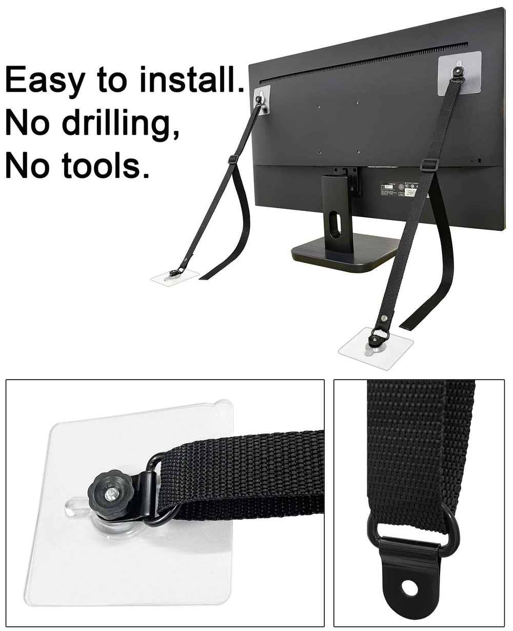 Xicveiuz adhesive-to-wall straps applied to furniture edge with wall anchor plates.