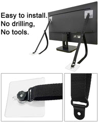 Xicveiuz adhesive-to-wall straps applied to furniture edge with wall anchor plates.