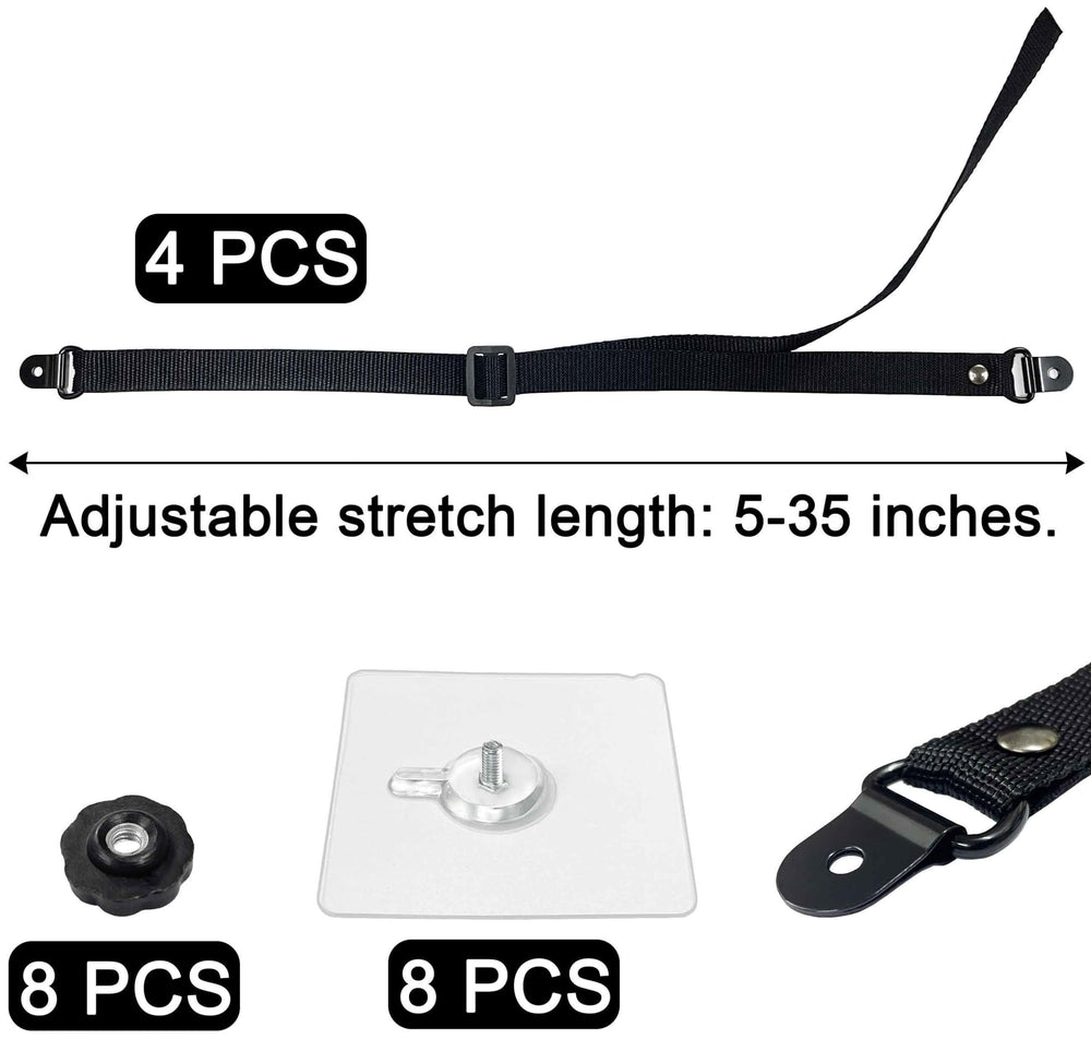 Xicveiuz adjustable straps in use securing a flat-screen near furniture, reducing tip risk.