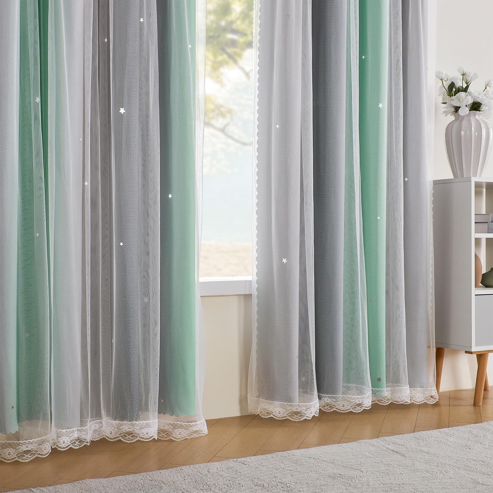 XiDi Rainbow Blackout Curtains include a sheer layer for soft daytime light and airy feel.