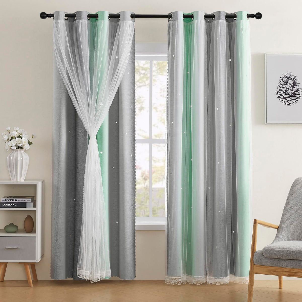XiDi Rainbow Blackout Curtains with star cutouts on window create a dreamy private space.