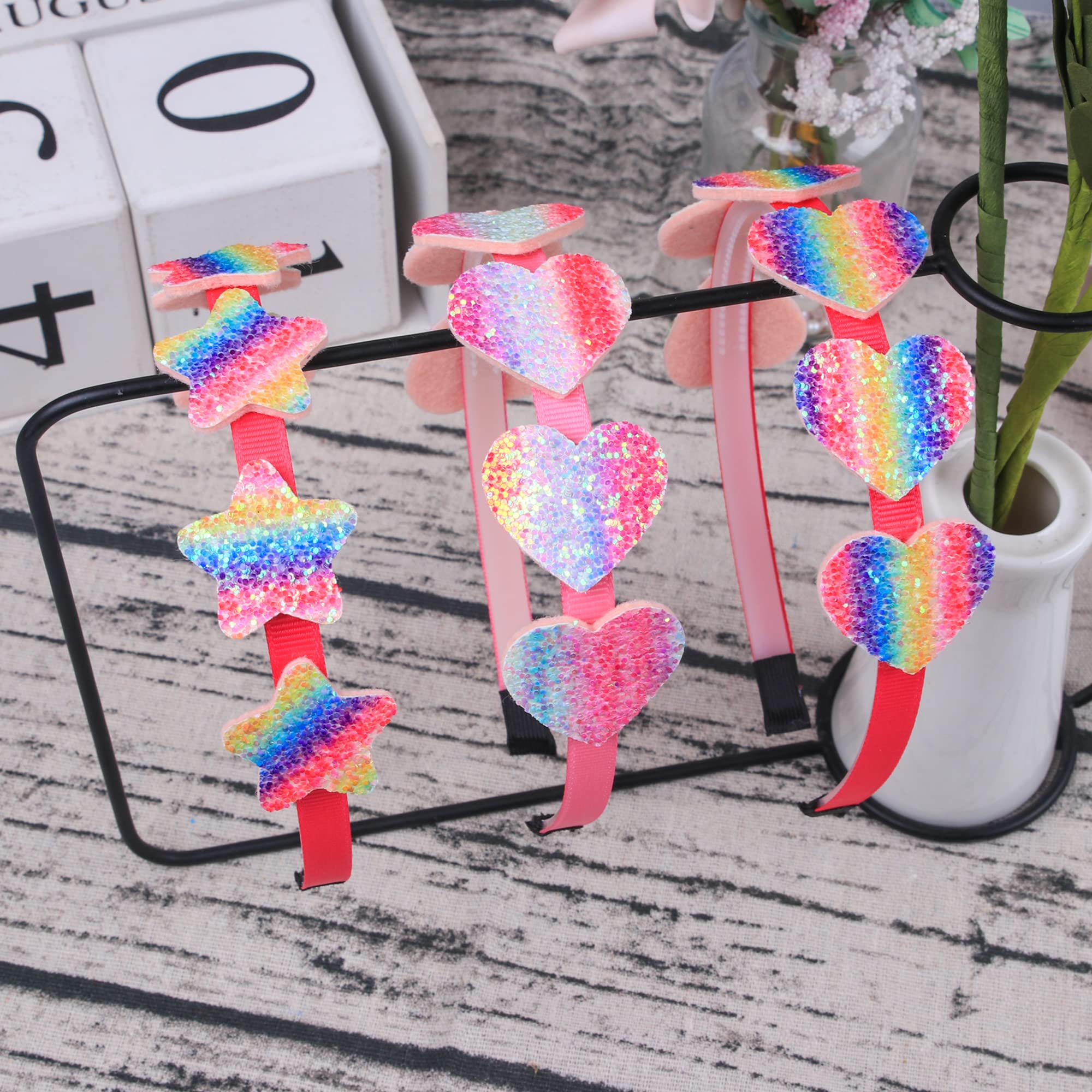 XIMA Glitter Rainbow headbands close-up shows durable glitter finish for daily wear