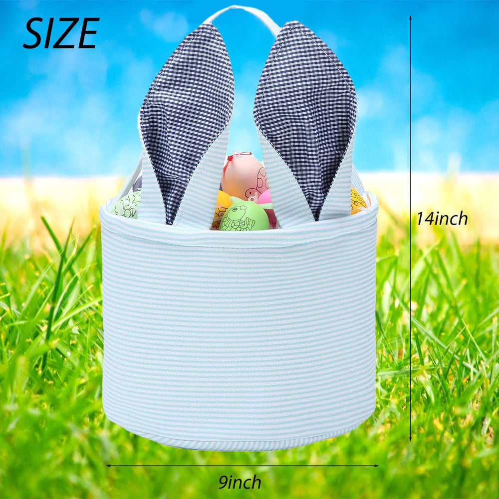 XinblueCo Easter Bunny Basket top view highlights lightweight durable seersucker for egg hunts