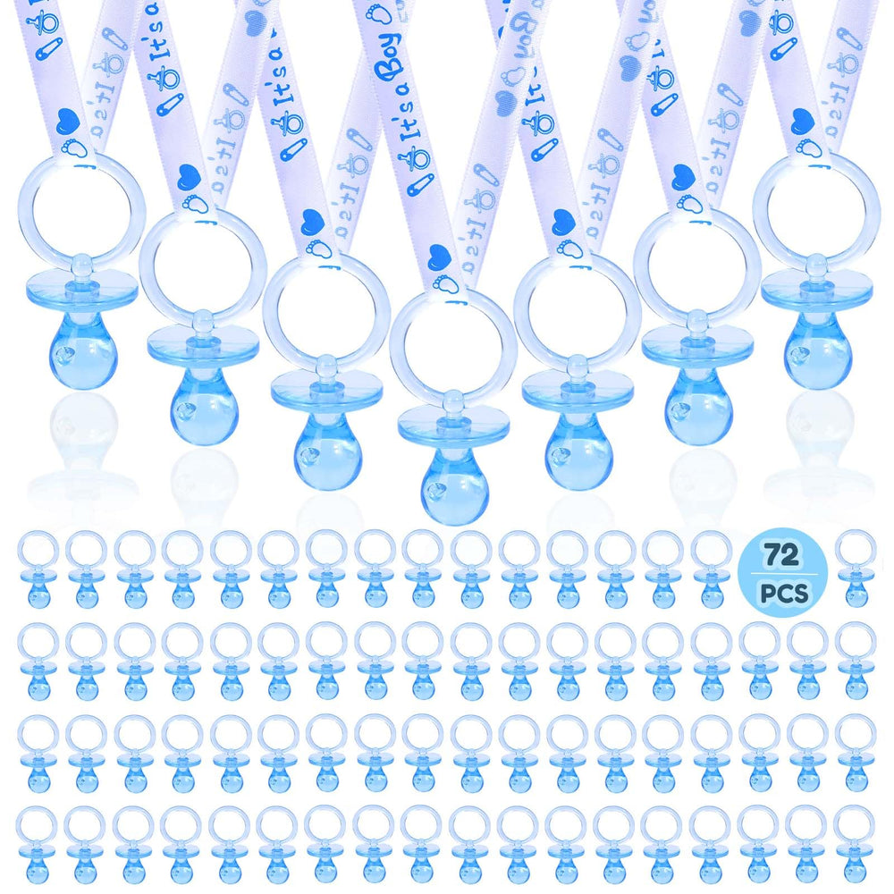 XINHUIDALSQ 72-pack pacifier necklaces arranged as party favors for baby showers.