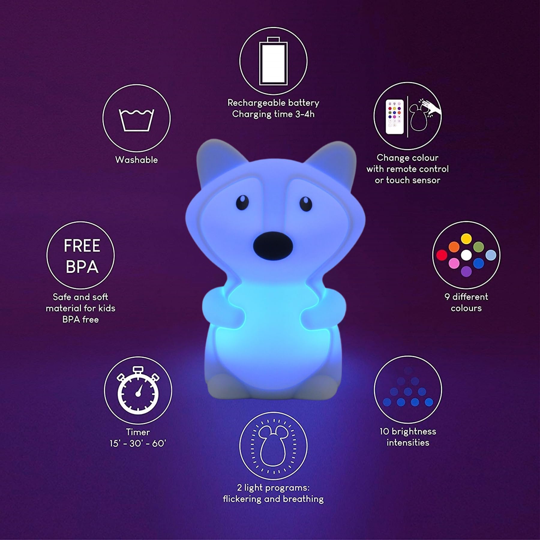 Xinjinhju fox night light color changing displays nine colors for mood setting.