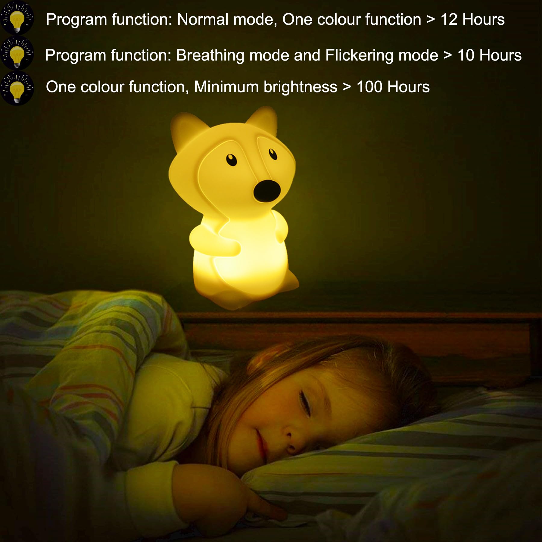 Xinjinhju fox night light on bedside table provides gentle illumination without glare.