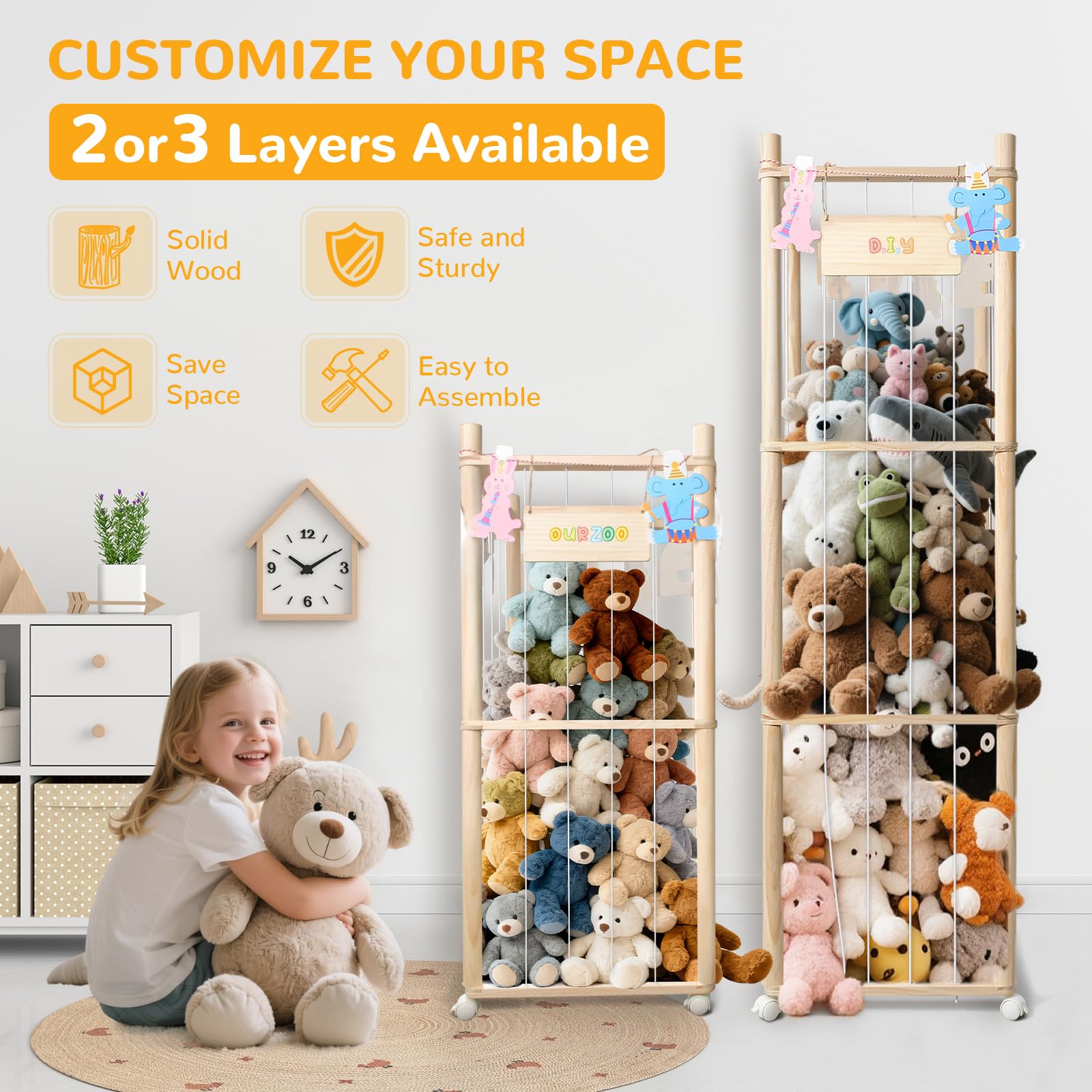 XiYeM stuffed animal storage wood tower banners for personalized playroom charm.