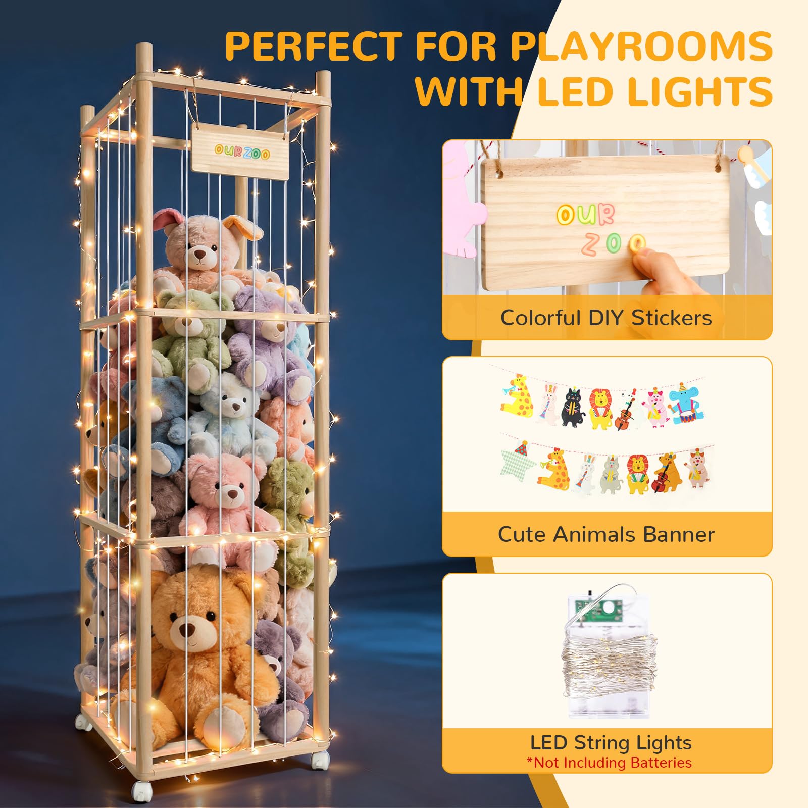 XiYeM stuffed animal storage wood tower with brake wheels offers secure placement.