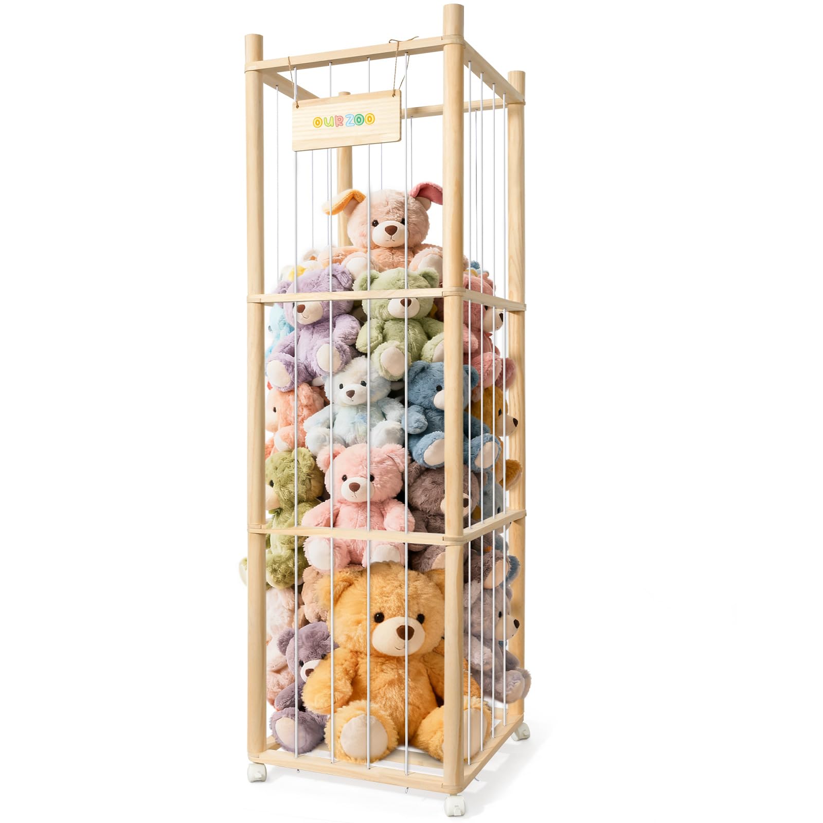XiYeM stuffed animal storage wood tower frame close-up shows durable pine.