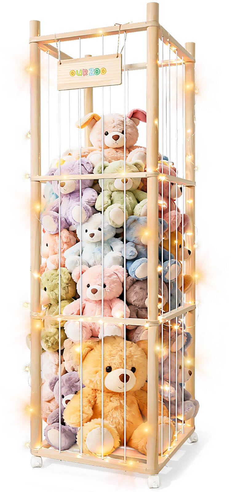 XiYeM stuffed animal storage wood tower front view shows spacious plush organization.