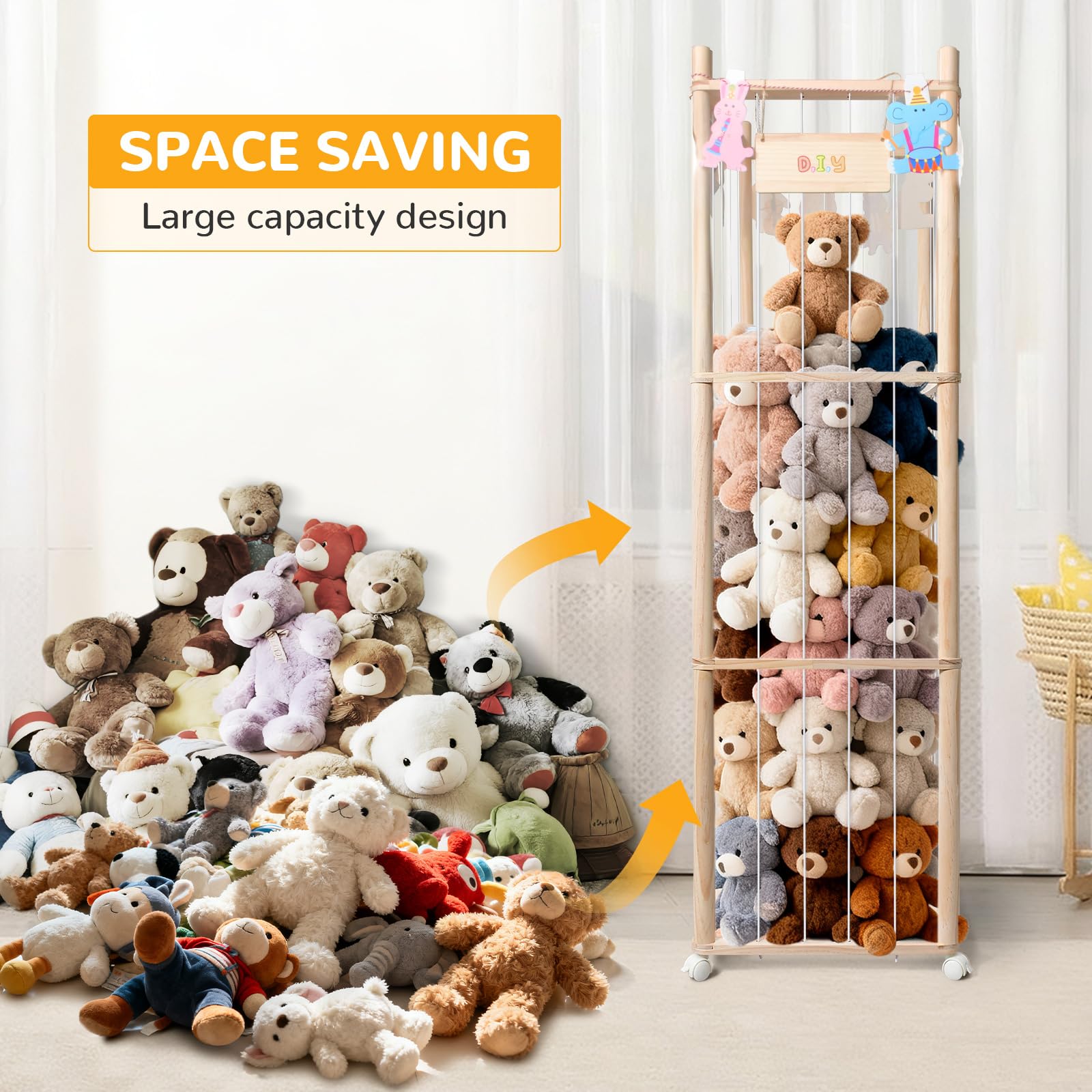 XiYeM stuffed animal storage wood tower with wheels enables easy repositioning.