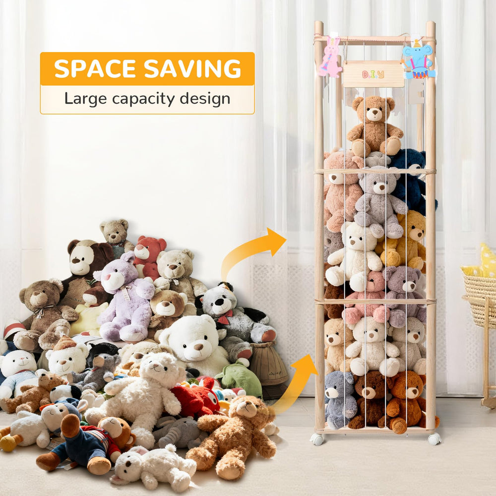 XiYeM stuffed animal storage wood tower with wheels enables easy repositioning.