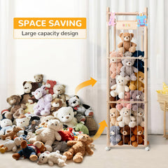 XiYeM stuffed animal storage wood tower with wheels enables easy repositioning.