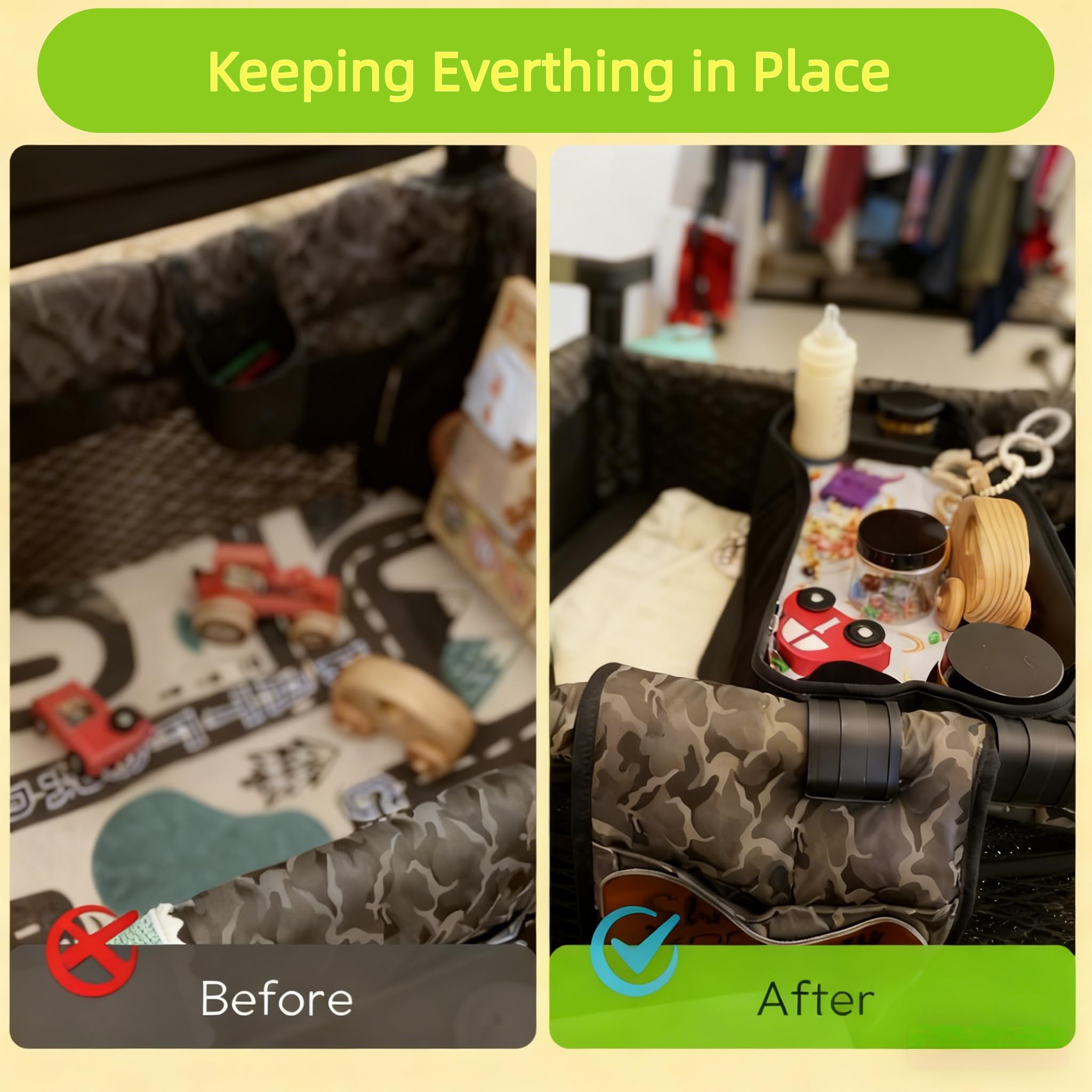 Xiyingcai stroller snacks tray for Wonderfold W2 shows anti-spill holders preventing spills.