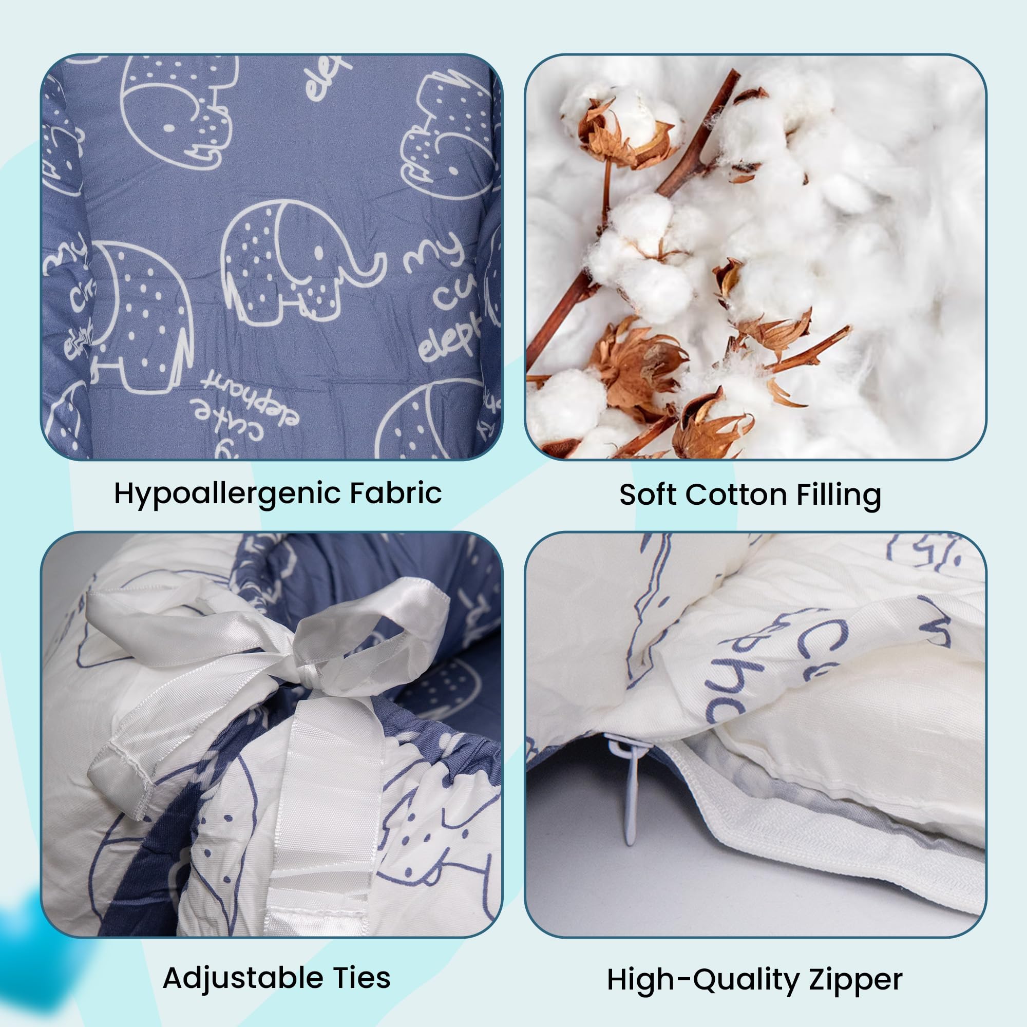 XLUXEVOGUE Baby Support Base elephant-blue provides breathable comfort for tummy time