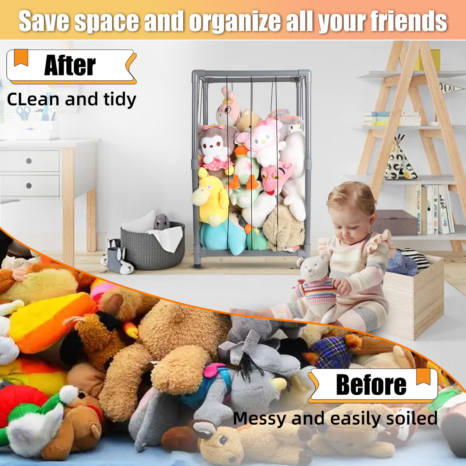 XMBecc stuffed animal storage zoo tower assembled setup shows easy setup and tidy playroom