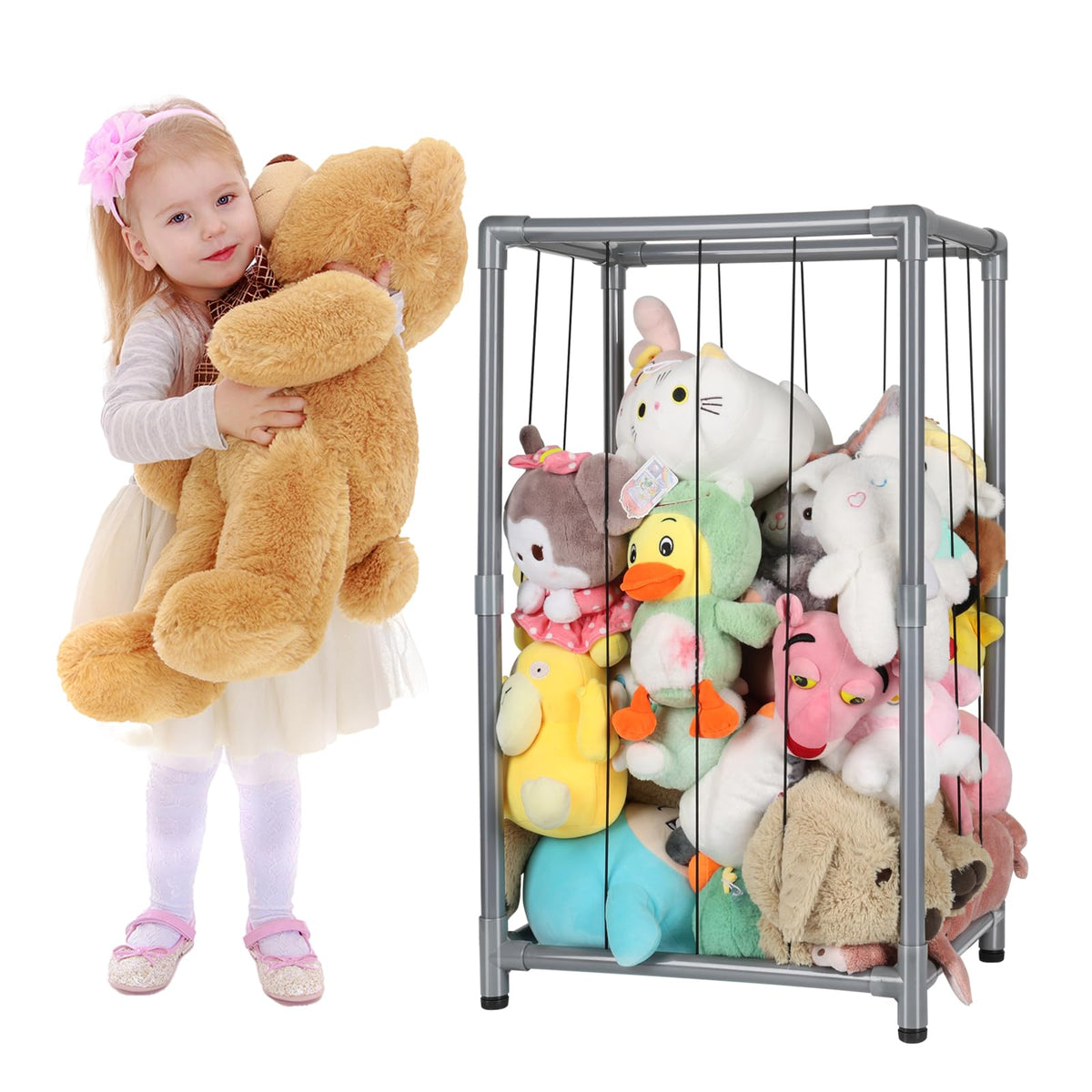 XMBecc stuffed animal storage zoo tower gray front view demonstrates space-saving vertical toy organization