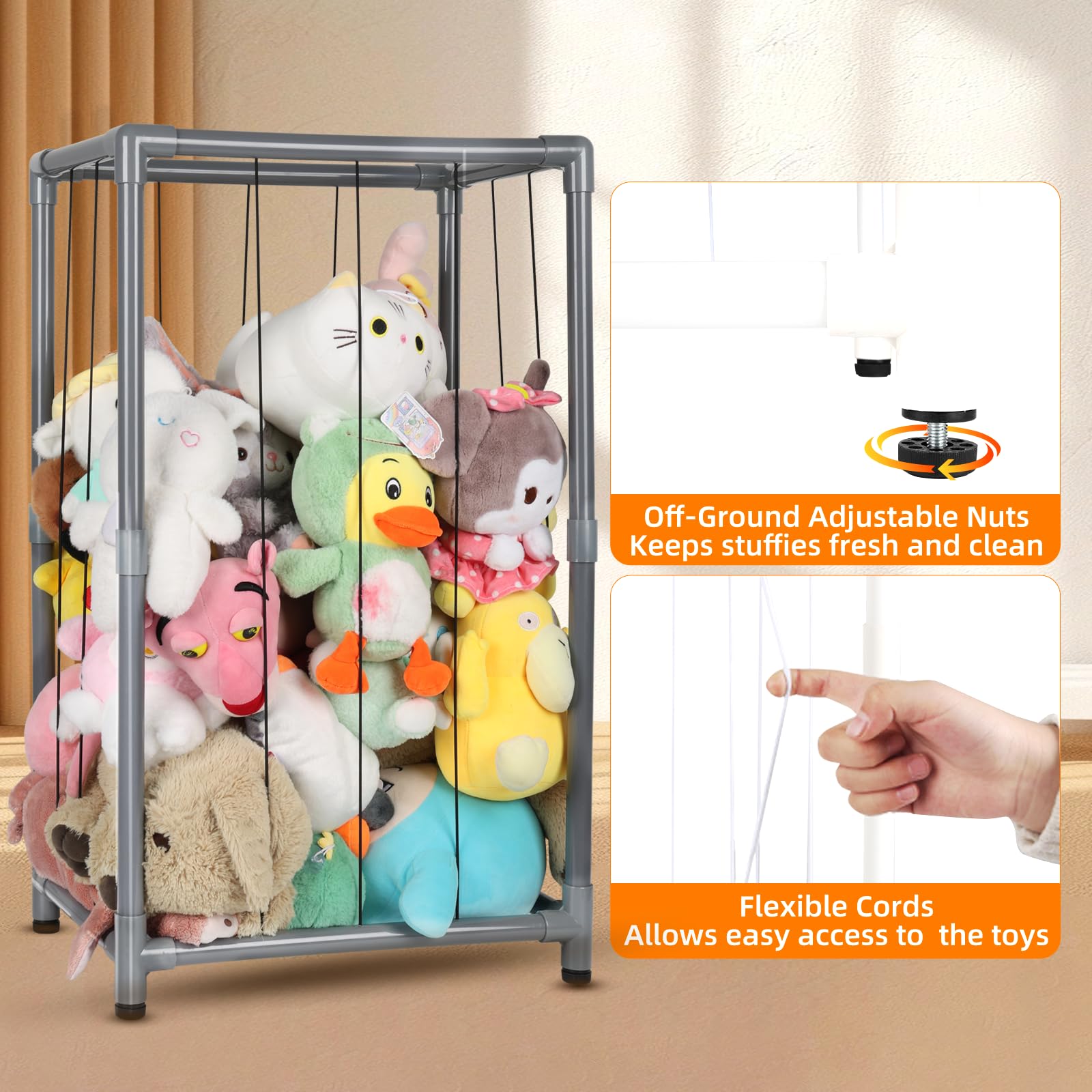 XMBecc stuffed animal storage zoo tower pvc-connectors closeup for lightweight easy-access plush storage