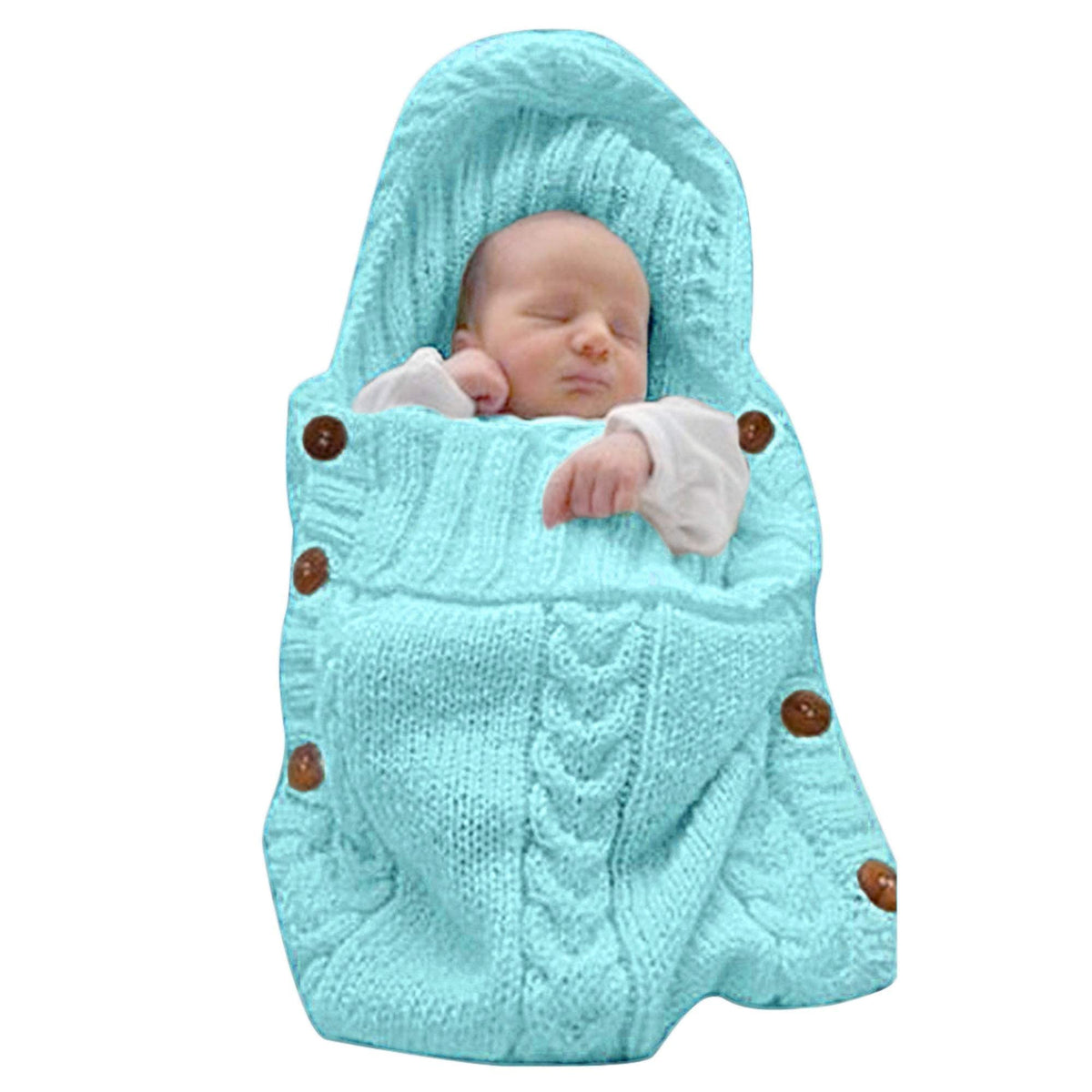 XMWEALTHY newborn wrap swaddle sky blue closeup showing soft knit fabric for cozy sleep.