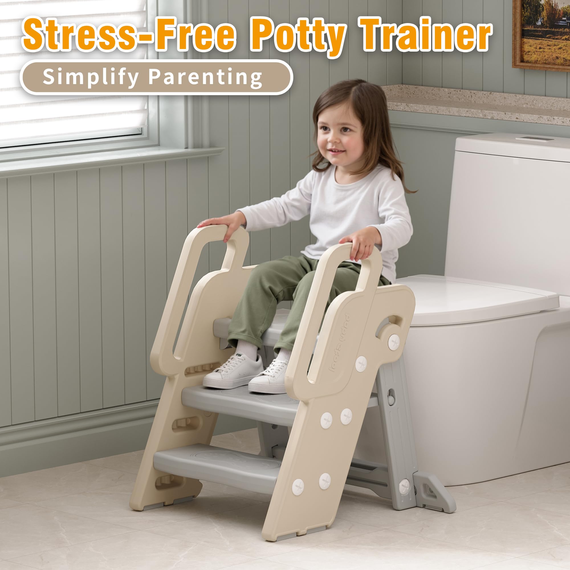 XQIAO foldable step stool grey in 2- and 3-step configurations for flexible height.