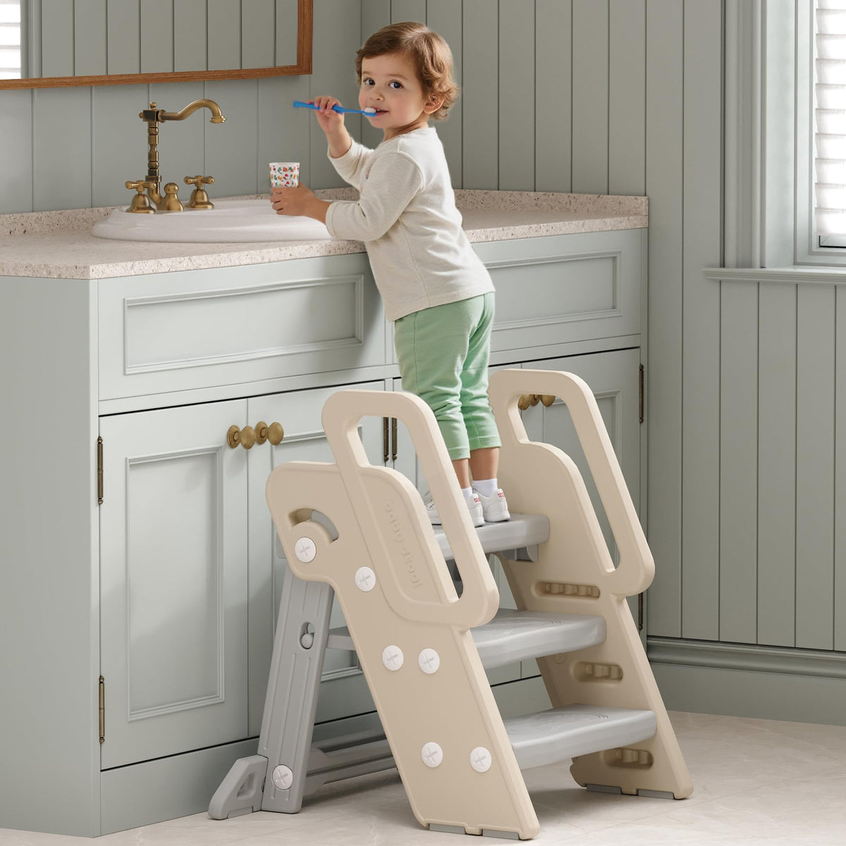 XQIAO foldable step stool grey close-up shows anti-slip surface for safety.