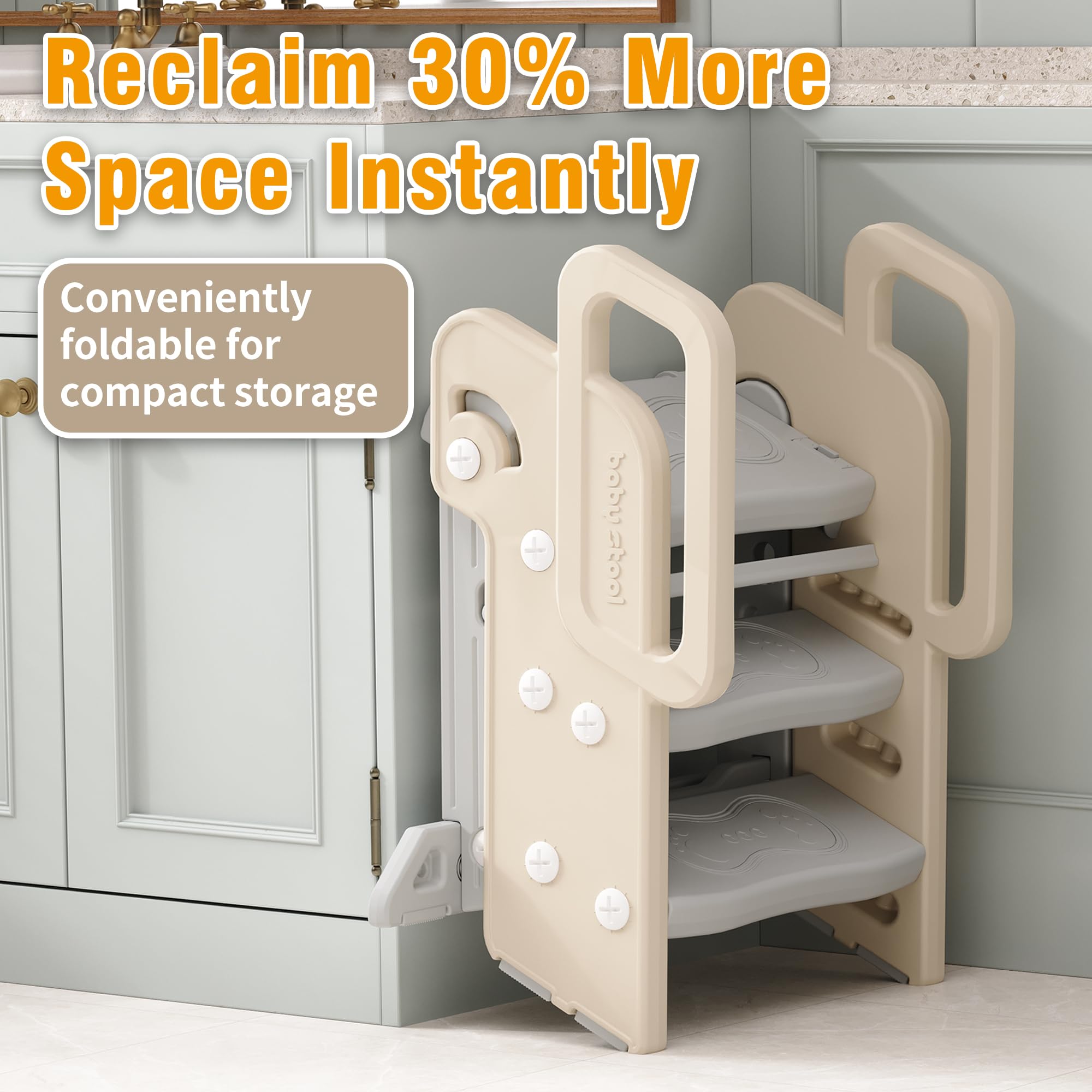XQIAO compact foldable stool stored under sink or in cabinet.