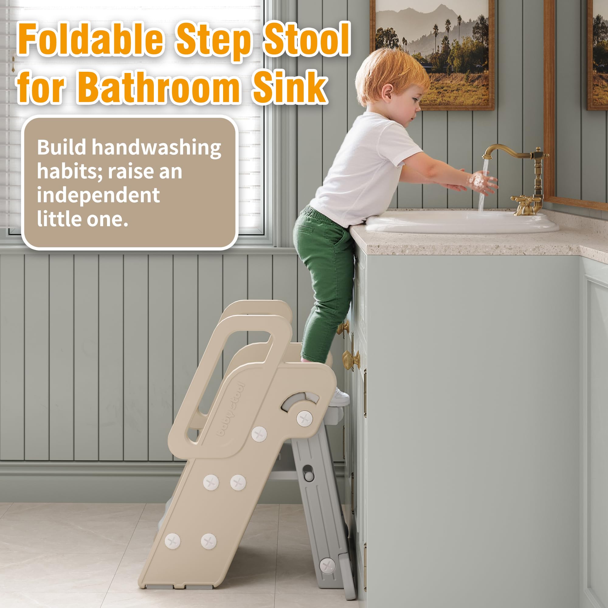 XQIAO foldable step stool with anti-tip guard on bathroom sink edge.