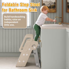 XQIAO foldable step stool with anti-tip guard on bathroom sink edge.