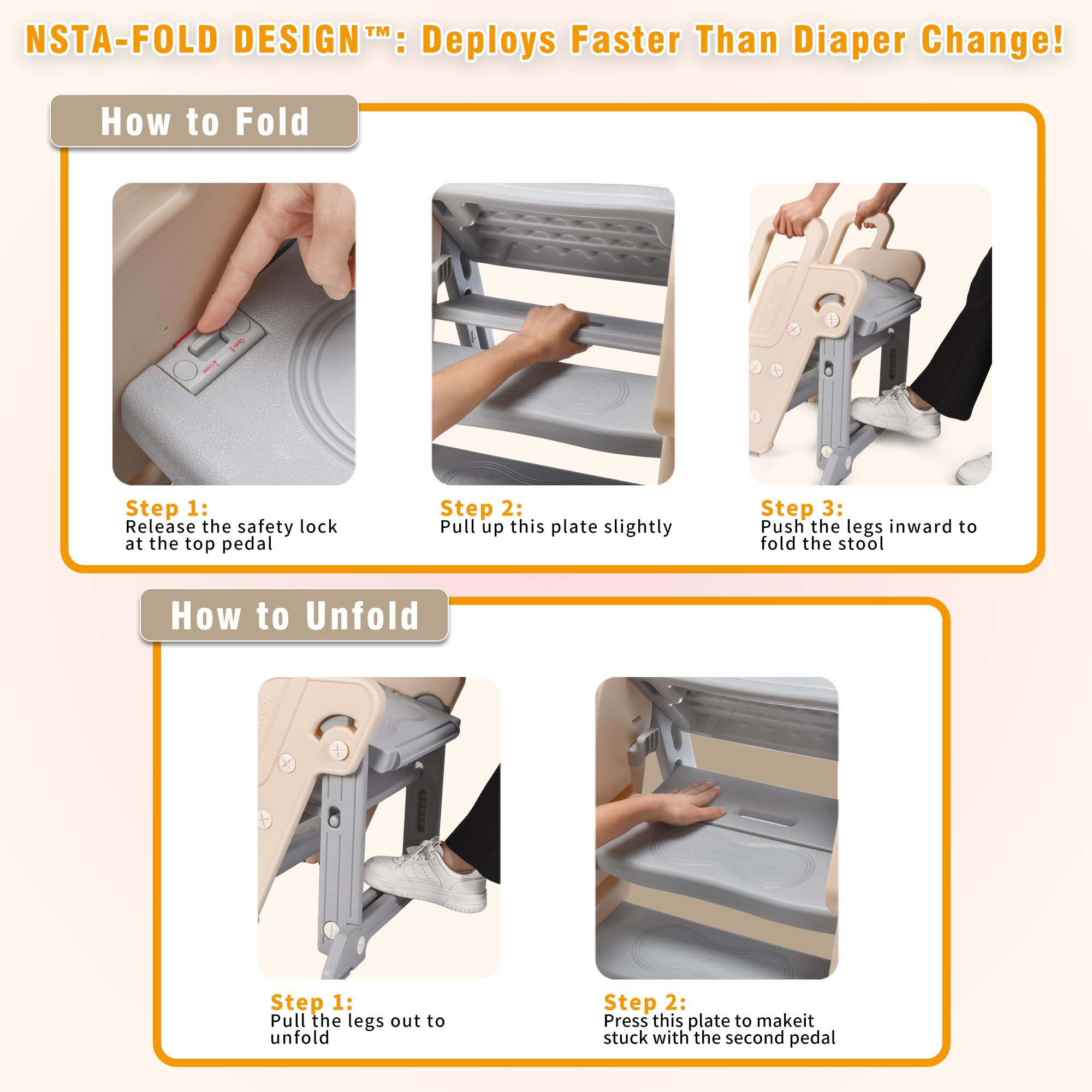 XQIAO grey toddler step stool easy to wipe clean with a damp cloth.
