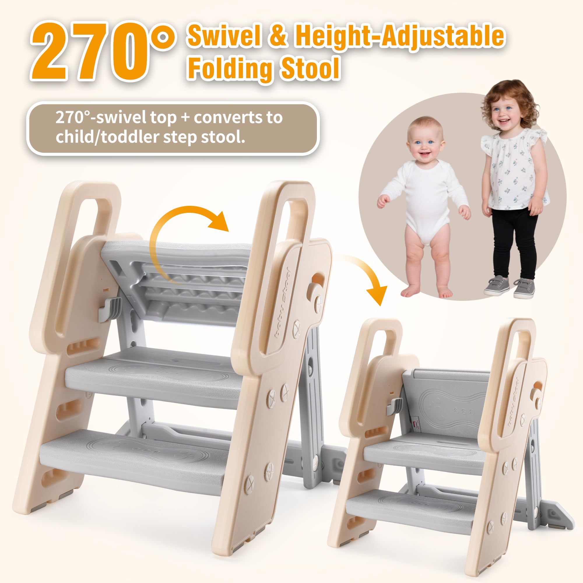 XQIAO foldable stool with safety rail and book-shelf area for toddlers.