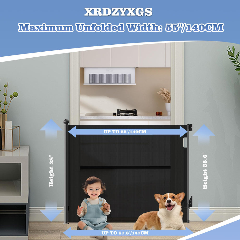 XRDZYXGS retractable gate shown in doorway for indoor outdoor use.