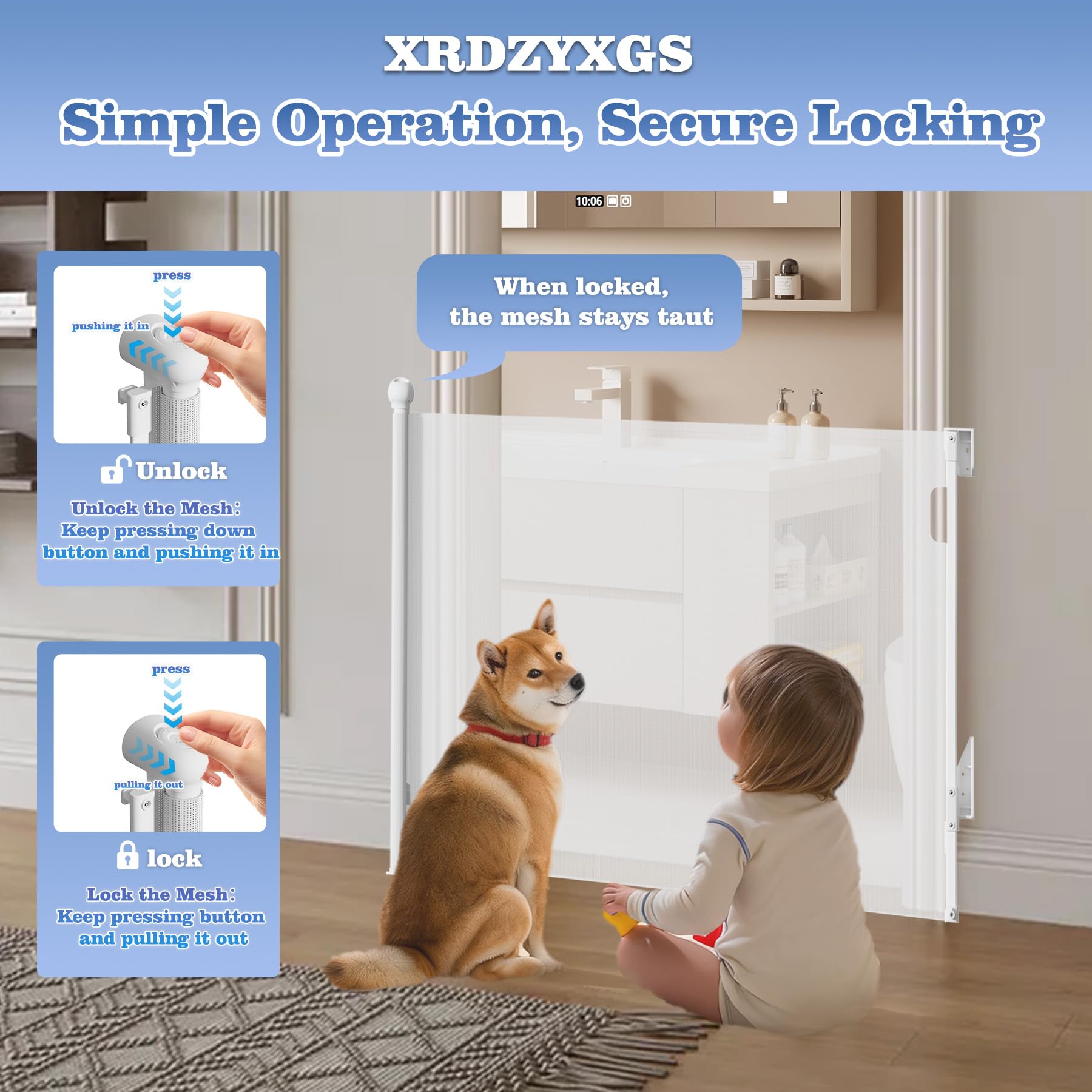 XRDZYXGS gate with one-handed lock demonstrates effortless operation.
