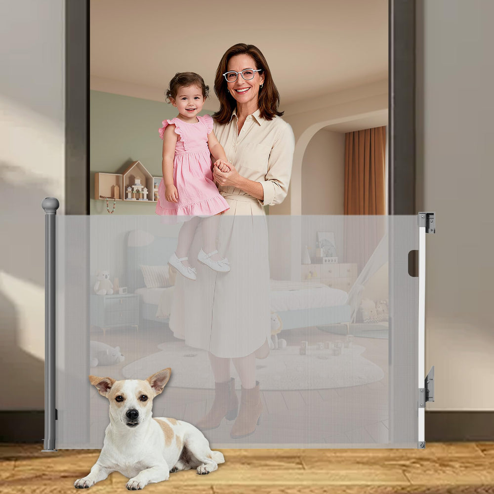 XRDZYXGS retractable baby gate 55in wide demonstrates expansive doorway coverage for safety.